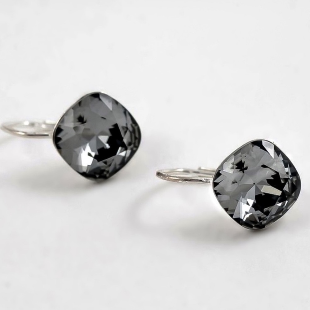 Gray Austrian Crystal Silver Lever Back Earrings - Picture 4 of 8